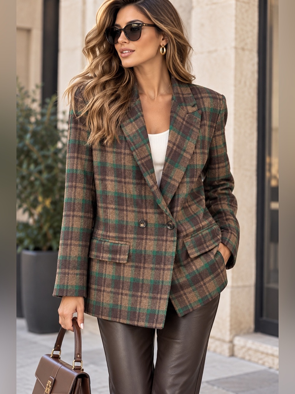 E69. Plaid Double-Breasted Wool-Blend Blazer in Brown & Green